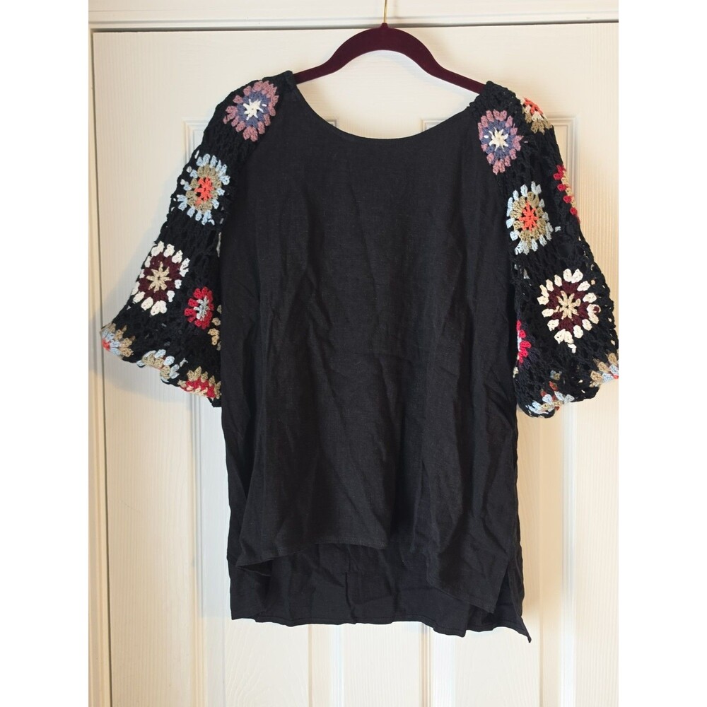 Umgee Women's Linen Blend Crochet Puff Sleeve Top Boho Cottage Core Size L
